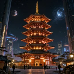 Cyberpunk futuristic Kyoto, captivating glowing lights, Star Trek setting, on interstellar space, photo realistic by Yaşar VURDEM , artstation, unreal engine, building concept art by Moebius, high quality printing