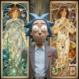 symmetry, concept art by artgerm, distance portrait of a hyper realistic, happy, rick sanchez by greg rutkowski, alphonse mucha, octane render, highly detailed, high quality, 8 k, soft lighting, path traced, and uang guangjian and gil elvgren, symmetry!!