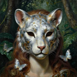 baroque neoclassicist close - up portrait of a being wearing a reflective animal mask, in front of a wet jungle. iridescent silver butterflies. highly detailed science fiction painting by norman rockwell, frank frazetta, and syd mead. rich colors, high contrast, gloomy atmosphere. trending on artstation and behance.