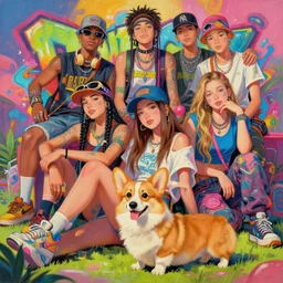 beautiful painting illustration of hiphop solarpunk summertime teen chilling with corgi!!, by dao le trong, craig mullins, craig davison, dean cornwell, donato giancola, dorina costras. trending on artstation, 8 k, masterpiece, graffiti paint, fine detail, full of color, intricate detail, golden ratio illustration, face enhance!!