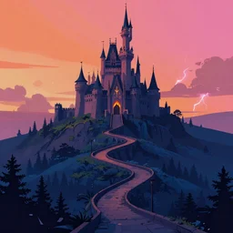 detailed cyberpunk illustration of steep long zig - zag path to an evil sharp fantasy disney castle over a high dark blue hill, orange to pink gradient sky and thunderstorm background. forest underneath