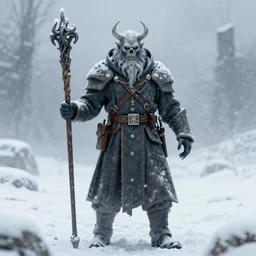 skeleton warlock as a military soldier, fantasy, ice, old man, snow, snowstorm, staff,