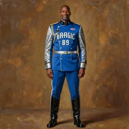 full body portrait of shaquille o'neil as the dictator of the orlando magic, 1 8 8 9, in full military garb, magic blue, silver, and black,, oil on canvas by william sidney mount, trending on artstation
