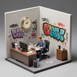 man working over hours, office in miniature, office walls sprayed and tagged with graffityand edding markers, in the style of beksinski, parts by edward hopper, parts by michael sowa, parts by yue minjun, intricate composition by bosch, red by caravaggio, insanely quality and details, masterpiece