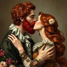 baroque portrait painting of a red bearded man kissing a beautiful woman with brown hair. digital illustration, intricate, passionate, bloom