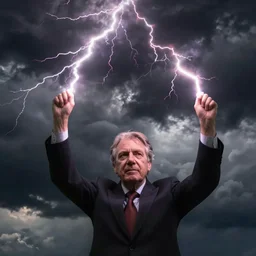 photograph of geert wilders, raising both hands, emitting lightning bolts from his hands, dramatic lighting, dark clouds, sinister