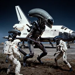 xenomorph attack, xenomorphs, astronauts, space shuttle, apollo 1 1, the movie alien, high definition, grainy footage, color footage, landscape, medium length photography