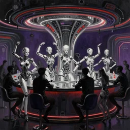 ultra realist soft painting render of the inside futuristic bar in loveraftian universe, beautiful cyborg dancers, crowded silhouettes, symmetry accurate features, very intricate details, black white red purple color palette, masterpiece award winning, cinematic lighting, focus