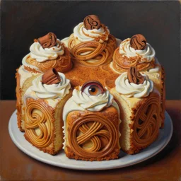 intricate five cinnamon cake by pablo picasso, oil on canvas, hdr, high detail, photo realistic, hyperrealism, surrealism, cinematic, matte finish, high contrast, 3 d depth, centered, masterpiece, vivid and vibrant colors, enhanced light effect, enhanced eye detail, artstationhd