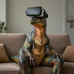 A anthropomorph dinosaur man sitting down on a couch, VR Headset on head, ultra detailed, 8k, by Tomasz Alen Kopera and Tony Sart