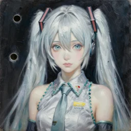 hatsune miku portrait, oil painting, award - winning, highly detailed palette knife oil painting, thick impasto, painterly, autochrome, pinhole, realistic lighting, chiaroscuro, very ethereal, very ethereal, silver color, dark, chiaroscuro, nacre, pastel oil inks, paint - on - glass painting by yoshitomo nara,