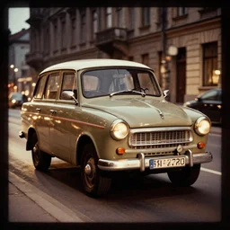 stained old picture of an trabant driving in city at night, photography