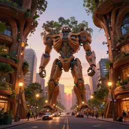 busy city centre between giant wooden mecha building futuristic giant wooden tree trunk buildings, organic wooded self growing building, solarpunk, organic bioluminescent street lights, forest canopy understory, cinematic lighting, sunset, octane render, 3 d pixar disney digital cgi rtx hdr painting, highly detailed, artstation cgsociety masterpiece, by syd mead, greg rutkowski, wlop,