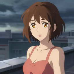 a beautiful british woman with short brown hair, gentle, vibrant amber eyes, standing on a rooftop, storm in the distance, sweet heart dress, dramatic angle, close up, digital art by makoto shinkai ilya kuvshinov and wojtek fus, portrait,