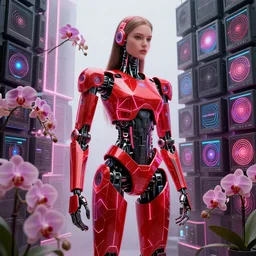 beautiful tall female robot printed with red and black 3 d geometrical neon + guarding a wall of computers!!!! + flowering vaporwave orchids transcendent, clean linework, dramatic, finely detailed, 4 k, trending on artstation, photorealistic, award winning, volumetric lighting, octane render
