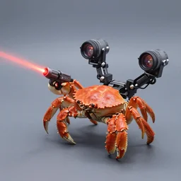 photo of a crab wielding laser pistols, attached laser turrets, 8 5 mm f 5. 6 iso 2 0 0