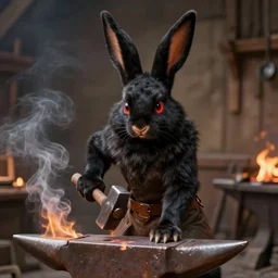 blacksmith rabbit fursona detailed fire smoke anvil hammer photograph