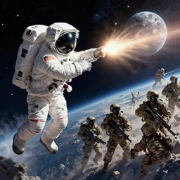 an astronaut shoot a group of soilder in the space. trending on art station.