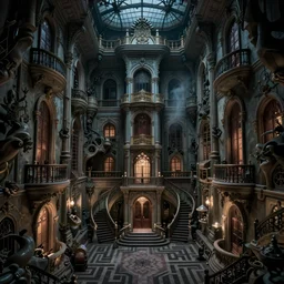 full - color digital photo of the interior of a spooky elegant mansion at night. the interior architecture and layout are narrow, labyrinthine, illogical, surreal, bizarre, and complicated. there is a faintly - visible victorian ghost lurking. highly - detailed high - resolution photography.