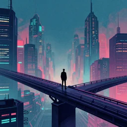a man standing on top of a bridge over a city, cyberpunk art by vincent lefevre, behance contest winner, altermodern, cityscape, synthwave, matte painting