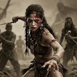 movie frame with native tribal girl fighting ,  action, monster hunter, evil, dark, beautiful  body, clean brutal blooded face, brutal make up, epic,dramatic lighting, cinematic, establishing shot, extremely high detail, photorealistic,  brutal, provocative , cinematic lighting, artstation, octane render, dark fantasy, inspired by Boris vallejo, sepia, old photography, documentary photography, national geographic photography