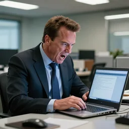 arnold schwarzenegger as conan the barbarian as an office worker, in an office, inside an office building, sitting at a desk, shouting at a laptop, angry, laptop trouble, technical difficulties, software error, crisp lighting, studio lighting