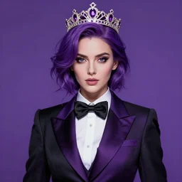 an elegant woman wearing a crown and a bow tie, purple hair, black and purple suit, purple background, very beautiful, artstation, high quality, sharp, hyperrealistic, dramatic lighting, loose brush strokes, by greg rutkowski, by artgerm, by alphonse mucha