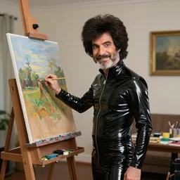 bob ross in latex catsuit, painting at easel, photograph, 8k, hd, trending on artstation, 35mm,