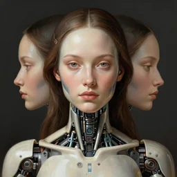 portrait of female bionic android, symmetry, intricate, elegant, highly detailed, smooth, sharp focus, concept art, digital painting, illustration, artstation, by fra angelico, sandra chevirer and greg ruthkowski