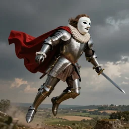 man wearing theater comedy mask flies over a landscape , he is wearing plate armor and elizabethan boots and ruff, he is wearing a red billowing capelet draped over his shoulder, he carries a shortsword in his left hand, dramatic theater lighting