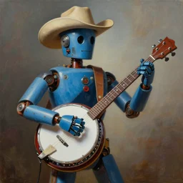 painting of a country bumpkin robot playing a banjo, bluegrass robot, style of peter mohrbacher, trending on artstation, epic, high detail, hyper realistic, 8 k
