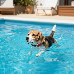 beagle dog with red collar swimming in a pool in a house in premia del mar
