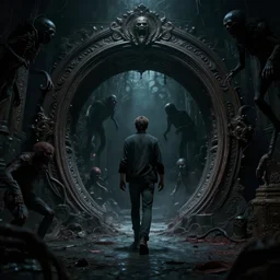 a dimensional portal for a dark place and a man is going to walk into, horror mood, tones of dark, creepy creatures jumping around, cinematic dark light, 8 k octane cinematic render, ornate and intricate