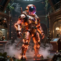 A glowing electrical Steampunk spacesuit in a victorian museum, james gurney, cinematic lighting, lots of steam and sparks, wires made of copper, artstation, vibrant nature, Tuomas Korpi, tekkon kinreet, volumetric light, artstation, , octane render, redshift render, low angle camera, rich deep moody colors