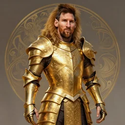 Lionel Messi wearing a beautiful majestic golden armor, D&D, fantasy, intricate, elegant, highly detailed, digital painting, artstation, concept art, matte, sharp focus, illustration, art by Artgerm and Greg Rutkowski and Alphonse Mucha
