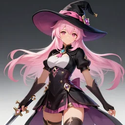character sheet for a beautiful and cute girl for genshin impact by greg rutkowski, black to light pink fade hair, genshin impact style, overwatch style, sorcerer magic witch, longsword, digital art, trending on artstation, hd, 8 k, highly detailed, good lighting, beautiful, masterpiece