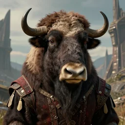 highly detailed portrait photo of an anthropomorphic mutant with the head of a musk ox, wearing a doublet in a dystopian scenic environment, hyperrealistic Illustration