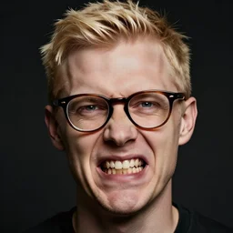 a short haired blonde man making a troll face, eye glasses, protruding chin, rotten teeth