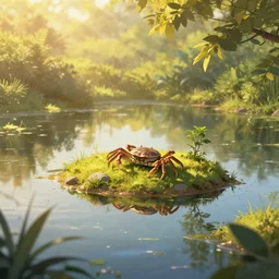 beautiful crab pond reflective puddle tiny dappled island pleasing palette golden morning rays illustration trending on pixiv