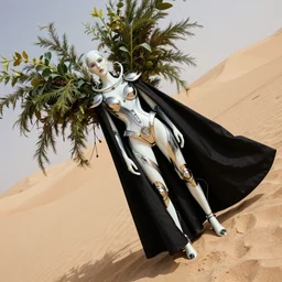A film still of a futuristic model wearing black cape in porcelain and metal and lush branch sand dunes featured in Vogue and GQ editorial fashion photography, tilted 35° frame, dutch angle, beautiful eye, symmetry face, Long shot wide shot full shot, haute couture dressed by Givenchy and Salvatore Ferragamo, Canon EF 105mm f/1.4L IS USM