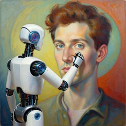 robot artist painting a self - portrait on a canvas. intricate, highly detailed, digital matte painting, in the style of alexandros pyromallis, and in the style of sachin teng, and in the style of hans thoma, and in the style of gil elvgren. irony, recursion, inspiration, retrofuturistic.