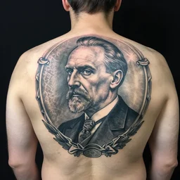 a man with a chancellor adolf hiter tattoo on his back, a tattoo by richard mortensen, reddit contest winner, primitivism, tattoo, detailed, intricate