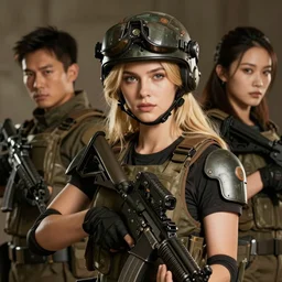 a sexy alluring blonde american sniper girl in war, with futuristic gear and helmet, portrait by nina masic and ross tran and miho hirano, detailed, epic photoreal, warm color tone