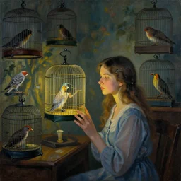 a painting of a russian girl in her room full of cages with exotic animals, night light lighting only on her face