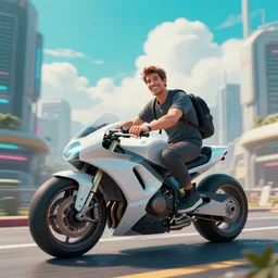 photo of a man sitting happily on his futuristic motorcycle on a street in a futuristic cyberpunk city, the sky is a turquoise blue with beautiful white fluffy clouds, hyper realism volumetric lighting