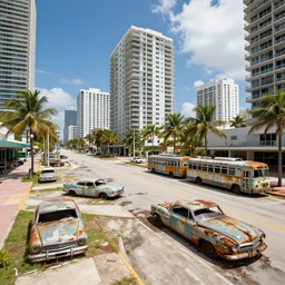 wide angle shot of dilapidated fallout 5 miami, tropical coastal city in real life, desolate, dilapidated, empty streets, some rusted retro futuristic vintage styled parked vehicles like cars, buses, trucks, trams, sunny weather, few clouds, volumetric lighting, photorealistic, daytime, spring, sharp focus, ultra detailed, technicolour 1