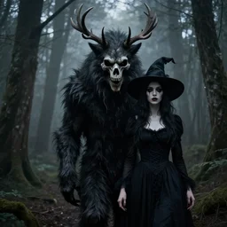 style artgerm, joshua middleton, diego fazio, j. c. leyendecker : : scary wendigo with antlers and skull face mixed with werewolf : : [ beautiful witch wearing a black dress, symmetrical face, on the right side ] : : in the forest, detailed, dark and foggy, cinematic lighting