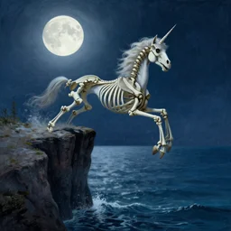 a skeleton unicorn falls off a cliff and into the ocean under the moonlight, beksinski, dariusz zawadzki, surreal, ethereal
