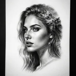 tattoo design sketch of a beautiful woman face with a mountain scenery on her side, hyper - realistic, double exposure effect, in the style of matteo pasqualin, amazing detail, black and white, faded