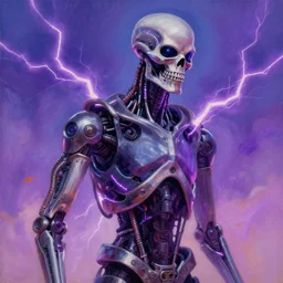 cyberpunk retrowave terminator with purple lightning lines, acrilic paint, brush paint, heavenly atmosphere, paint, ultra detailed, beautiful image, resolution, artstation